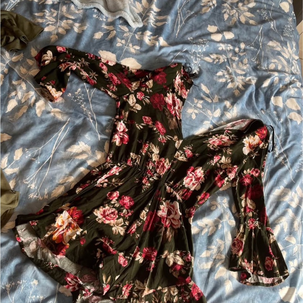 Forever 21 Green and Red Floral Jumpsuit with Bell Sleeves